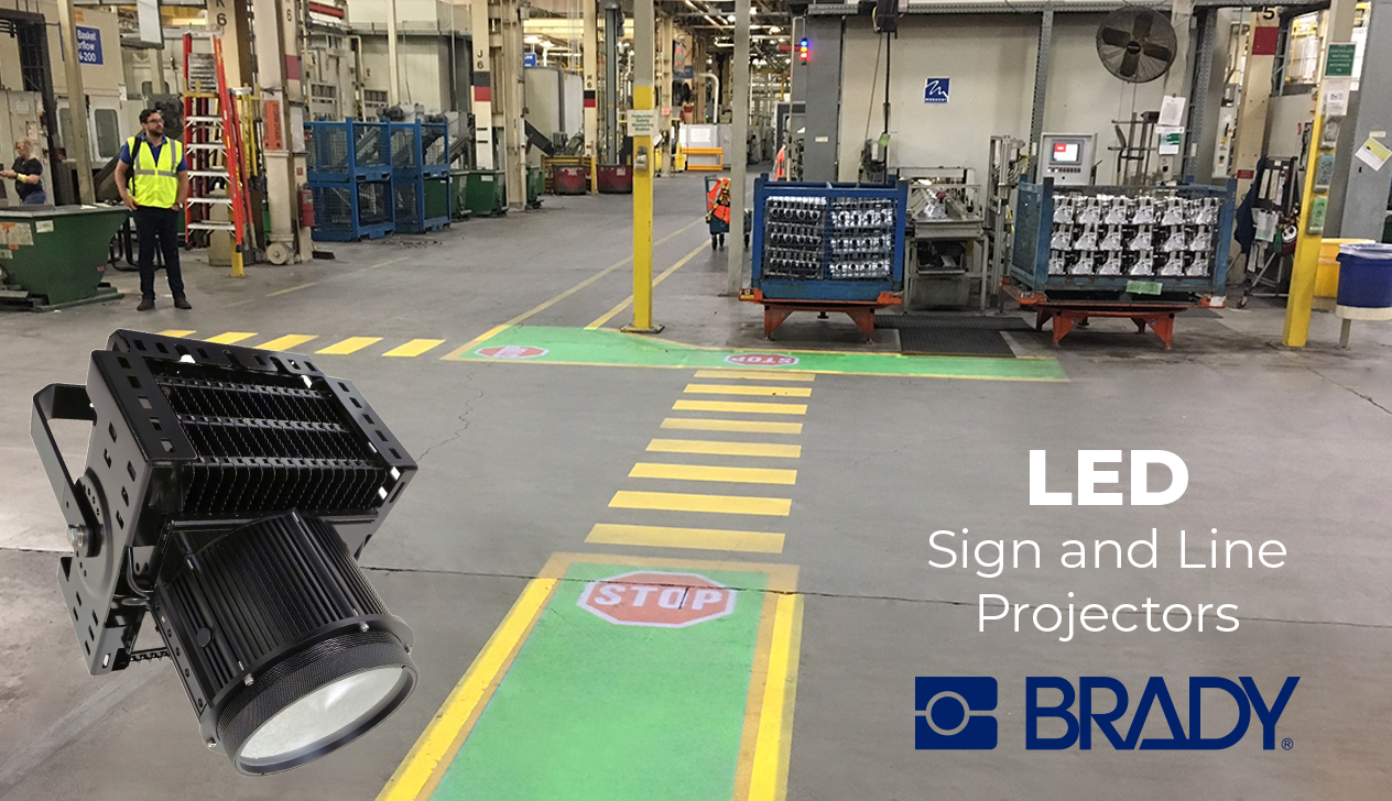 Brady GOBO projector displaying custom warehouse floor graphics